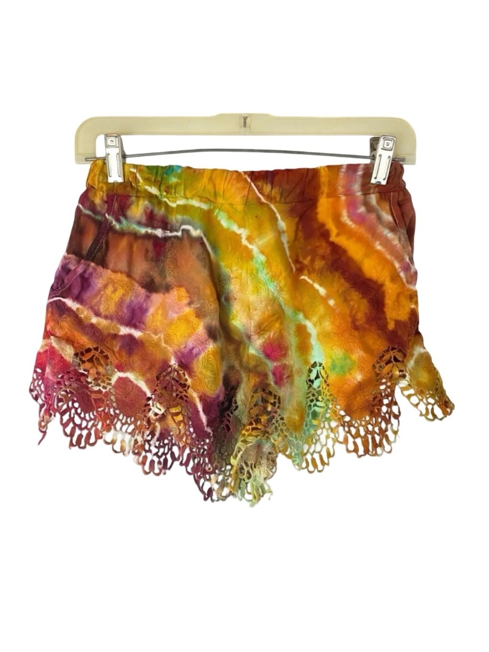 MLM The Label Tie Dye Shorts Womens XS Handmade Geode Gold Tan Orange Lace Hem